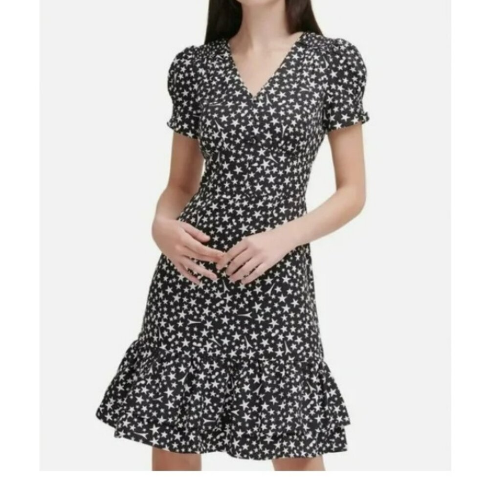 NWT Karl Lagerfeld Black and White Paris Star Printed Ruffle Dress Sz 8